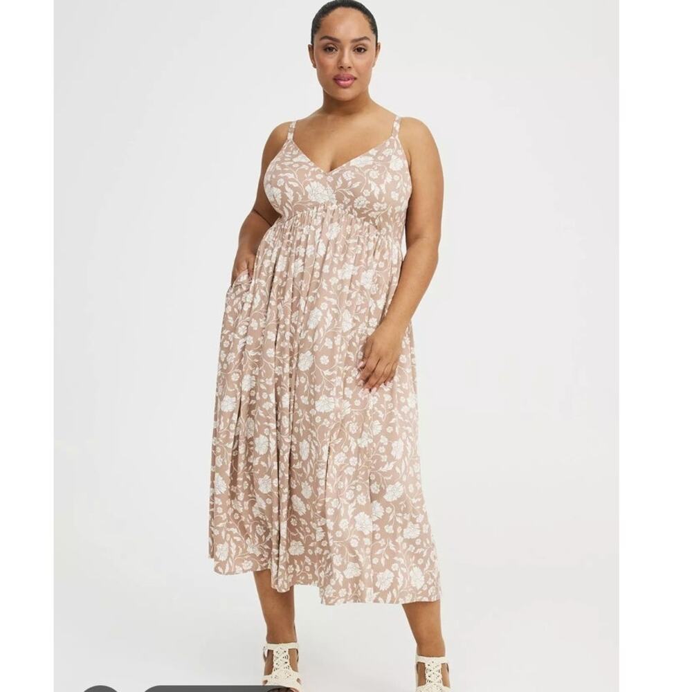 Torrid Challis V-Neck Midi Dress Fall Floral Tea Length Moby Florals Almondine